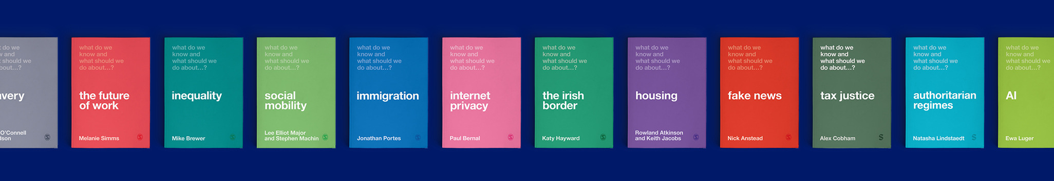 Blue banner with multiple different coloured books on it from the 'What Do We Know and What Should We Do About' series.