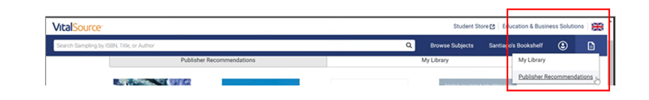 Vitalsource instructor website instructions - click on the document icon to open publisher recommendations