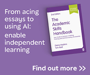 The Academic Skills Handbook 2e book cover with text: from acing essays to using AI: enable independent learning