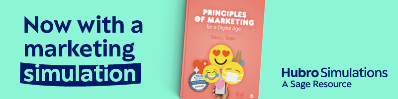 A green banner with blue text that reads "Now with a Marketing Simulation, Hubro Simulations, A Sage Resource." There is an image of the book cover of POMDA by Tracy Tuten.